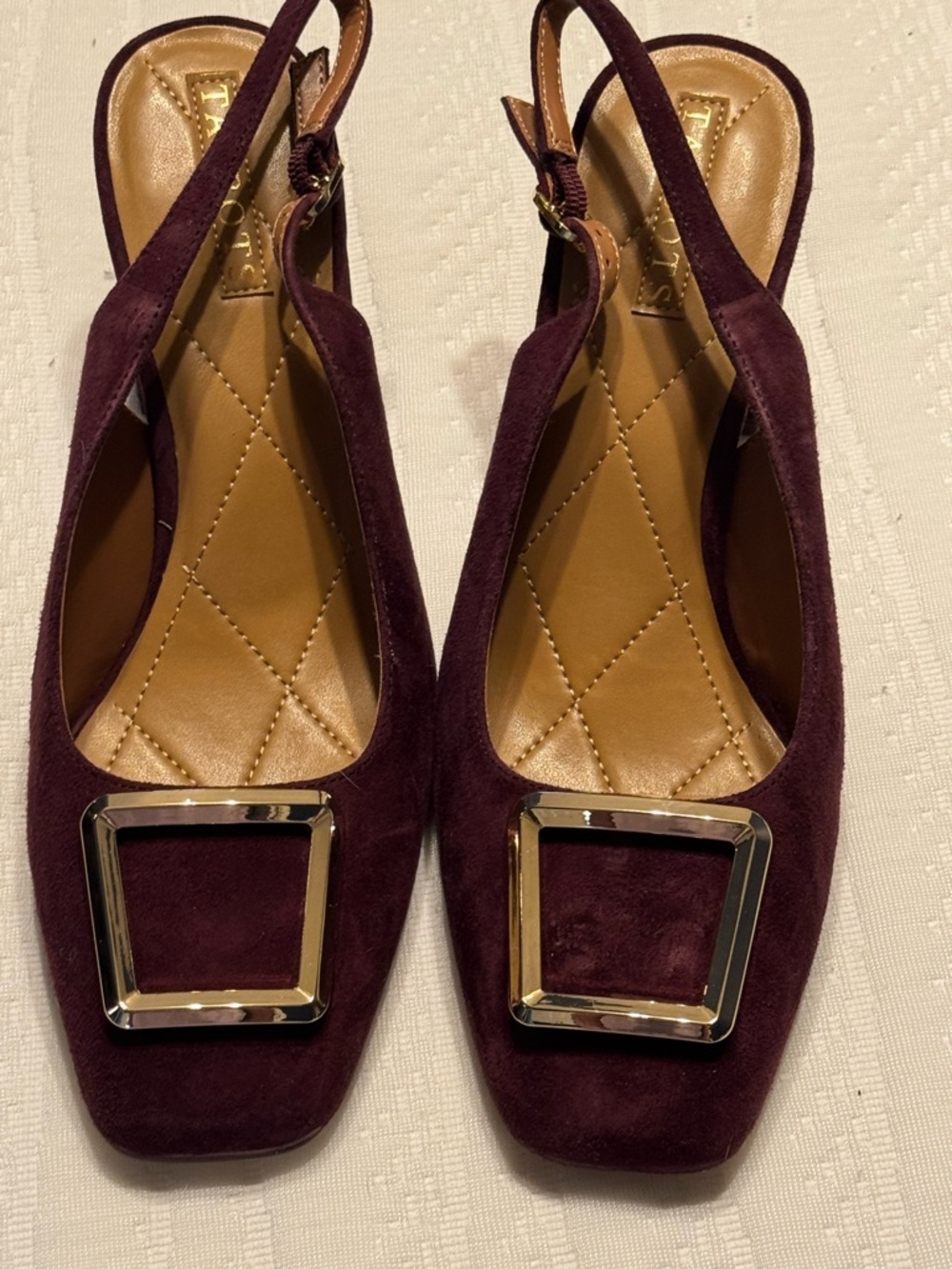 Talbots Burgundy Suede Slingback Flats with Gold Buckle
